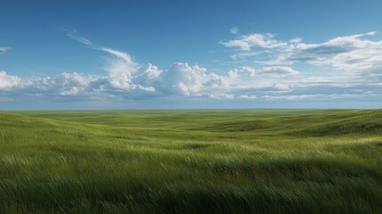 Obraz premium Large expanses of green meadows stretch under a white cloud-covered blue sky, showcasing endless natural beauty and are perfect for a variety of activities and landscapes.