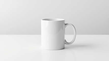Fototapeta premium Plain white mug sits on clean surface, perfect for beverages or customization. Its simple design offers versatility for any setting