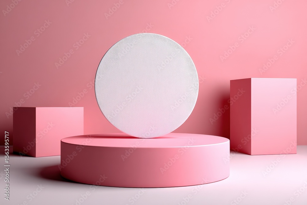 Poster Modern minimalist pink and white geometric display with circular and rectangular shapes on soft pink background for product presentation