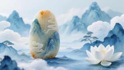 A serene landscape featuring a carved stone, white lotus flower, and misty mountains under a soft sky.