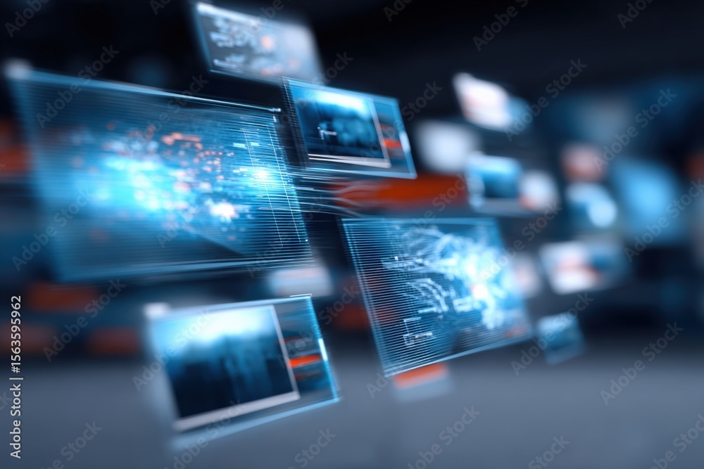 Poster Futuristic Digital Interface with Multiple Overlapping Computer Screens Showing Data and Technology Graphics in a High-Tech Environment