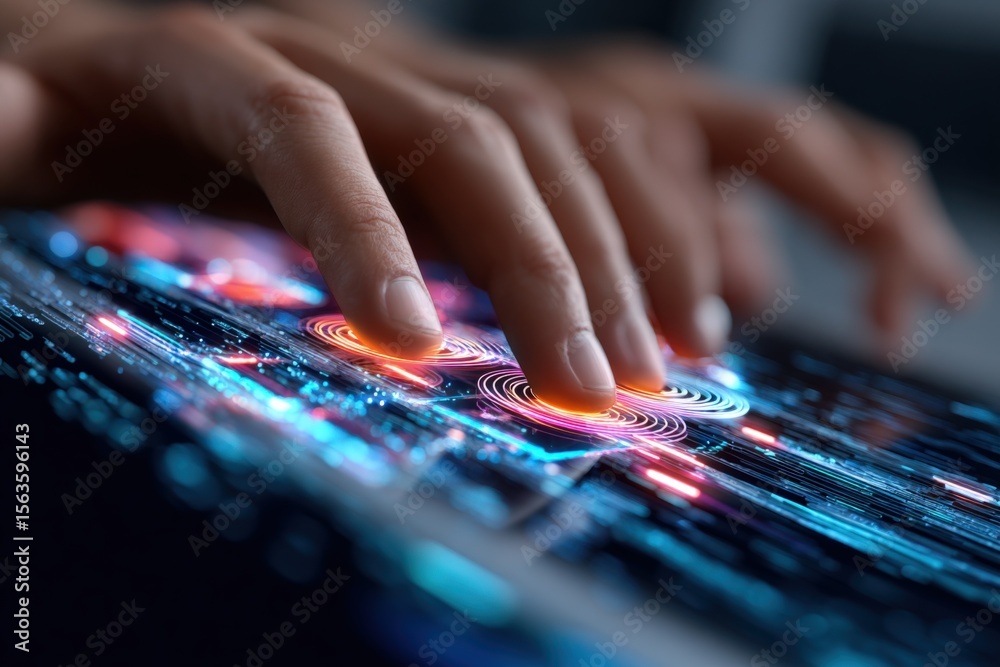 Poster Close-up of a person's hand touching a futuristic digital touchscreen interface with holographic icons and data visualization in a high-tech environment