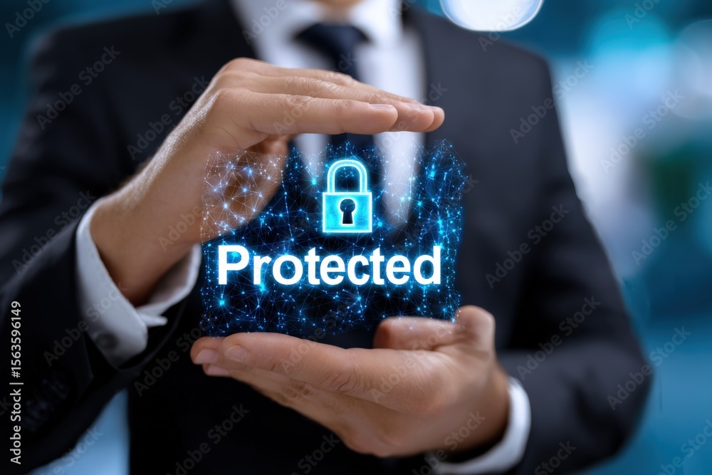 Poster Businessman in formal suit holding holographic digital shield and lock icon representing digital security and protected data in a modern corporate setting