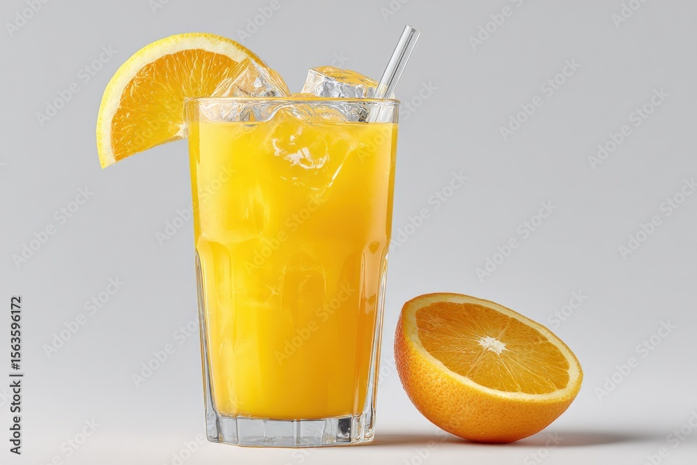 Poster refreshing cold orange juice with ice cubes in a tall glass garnished with a lemon wedge and served 
