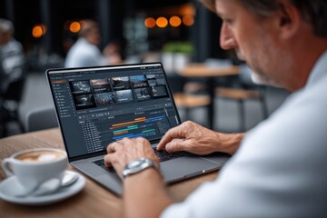 Professional video editor working on computer editing software in a cafe with coffee and natural lighting for creative film production and multimedia projects
