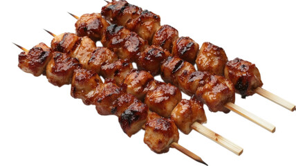 Juicy grilled skewers served on wooden sticks with a glossy glaze, showcasing a mouthwatering culinary delight for food lovers on transparent background