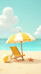 Vibrant beach scene featuring yellow and white striped umbrella, wooden lounge chair, beach ball, and starfish on sand