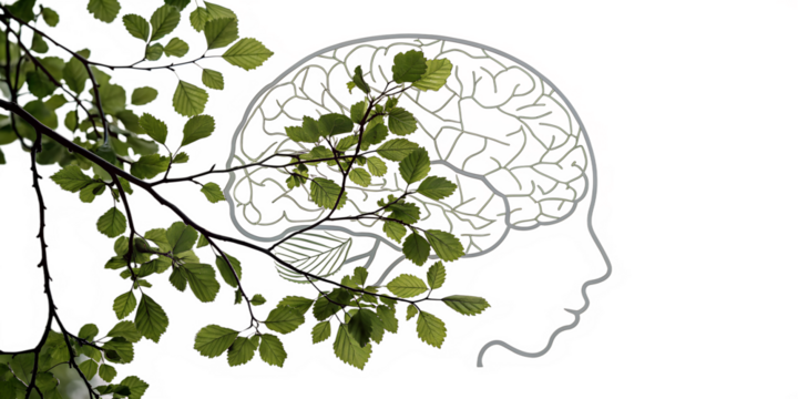 Green leaves on a human brain silhouette with red accents isolated on transparent background