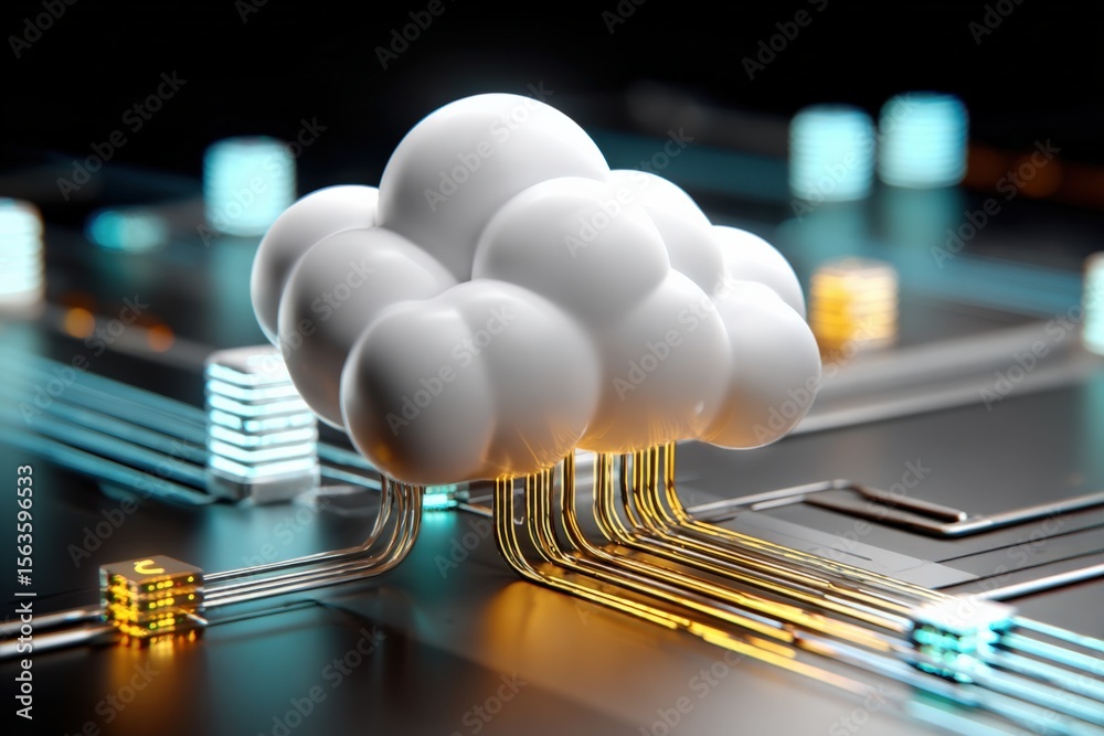 Poster Cloud computing technology concept with white cloud icon connected to digital circuit board representing data storage and internet technology
