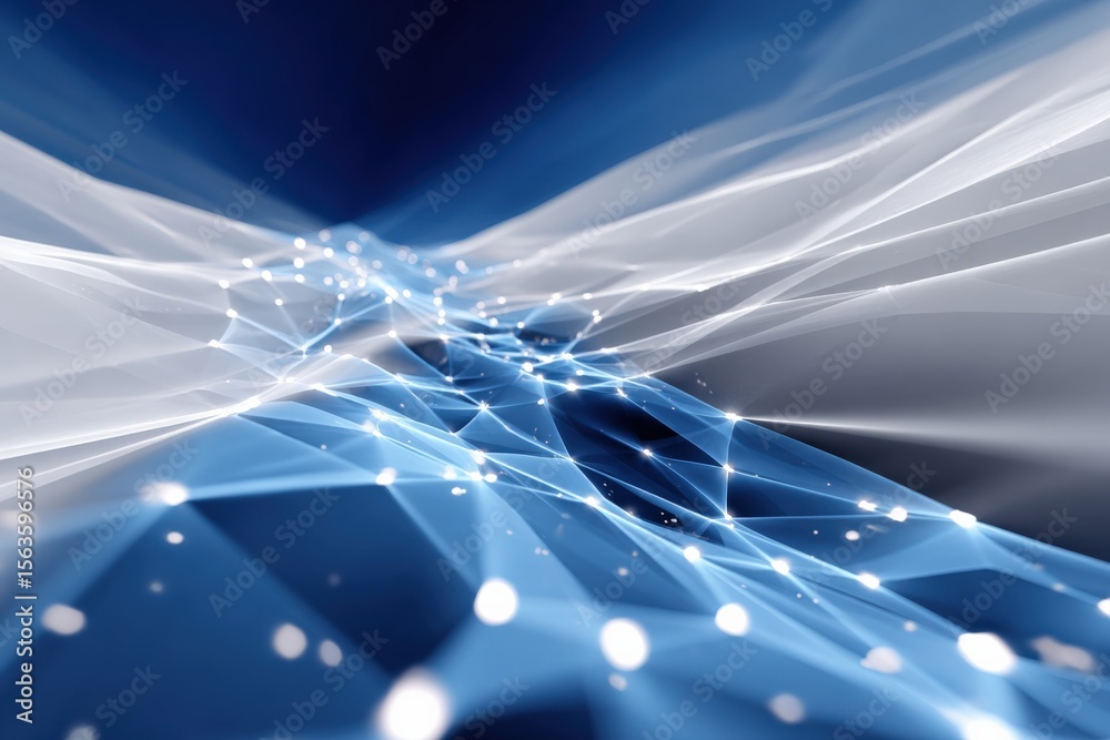 Poster Abstract digital technology background with interconnected glowing nodes and flowing lines representing data transfer and innovation in cyberspace