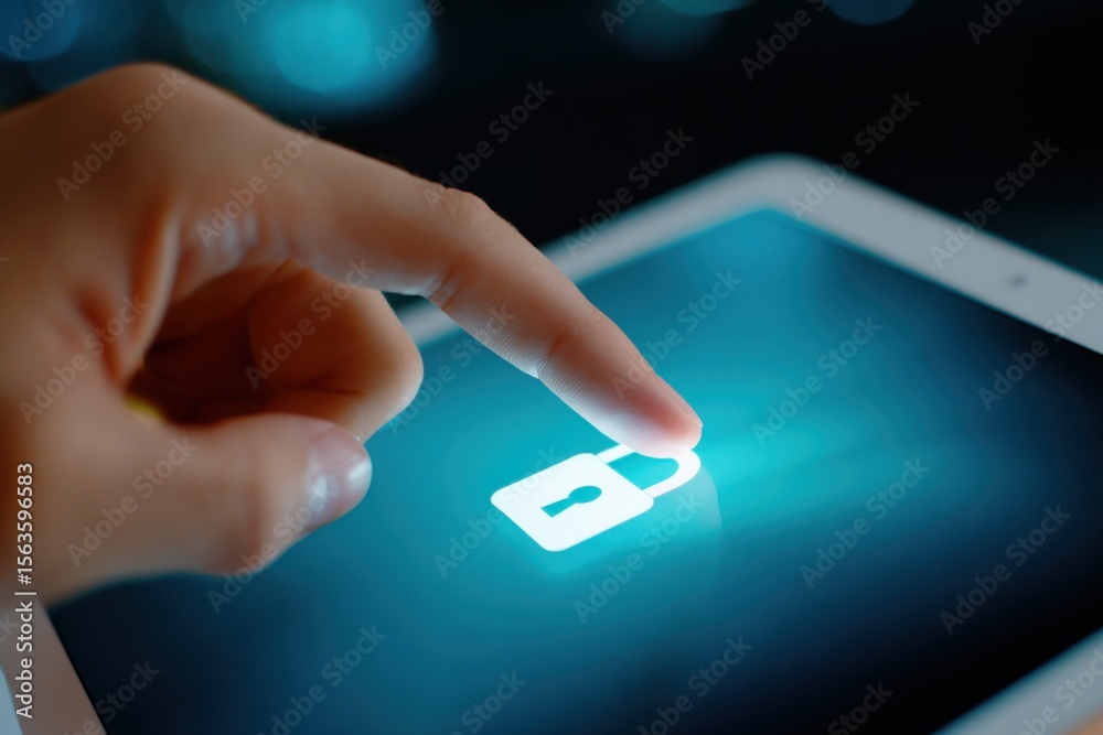 Leinwandbilder close-up of a person's hand interacting with a fingerprint scanner on a digital tablet or smartphone
