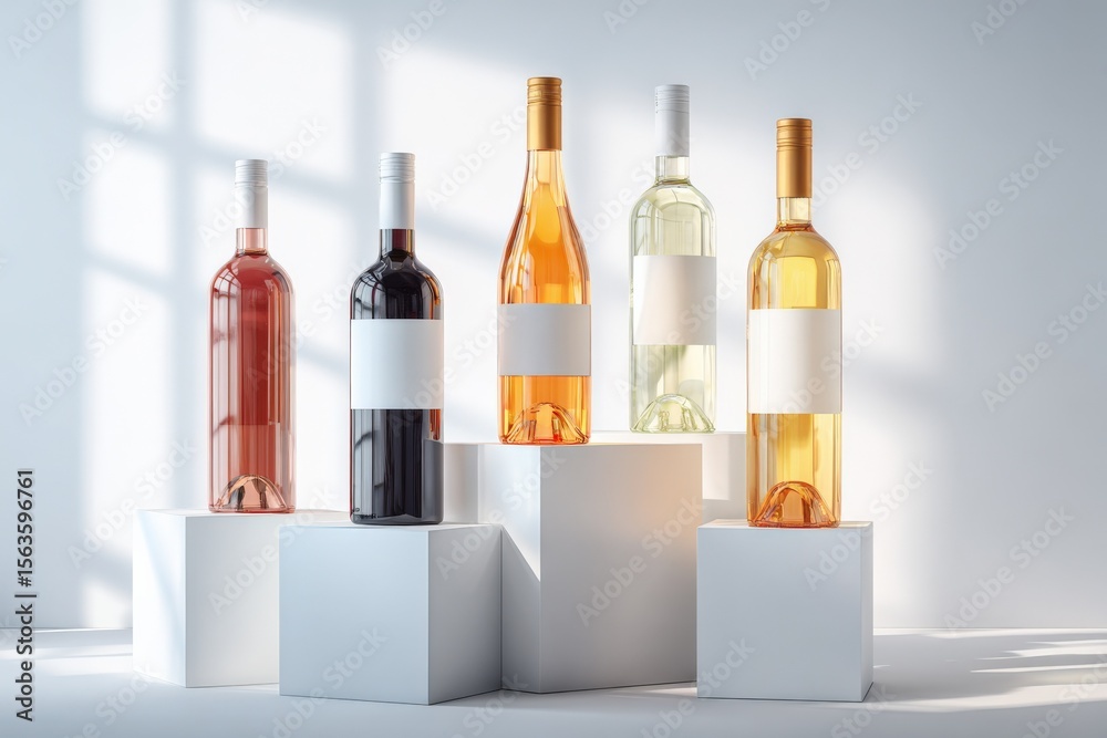 Poster Elegant collection of five colorful wine bottles with blank labels arranged on white podiums in bright minimalist setting with shadows and natural light