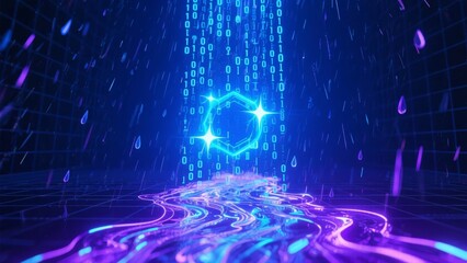 Digital Data Stream with Hexagon and Binary Code in a Futuristic Environment