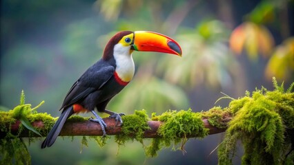 Naklejka premium A Vibrant Toucan Perched on a Mossy Branch in a Lush, Verdant Forest
