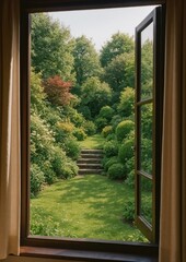 Serene garden view through window.
