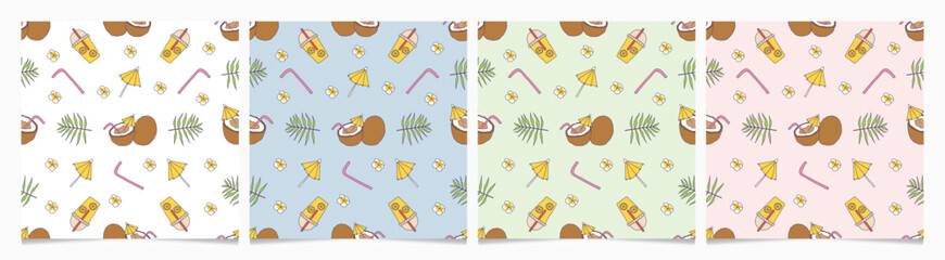 Set of hand drawn seamless vector patterns with coconut and lemonade in pastel colors, Summer Beach collection. 