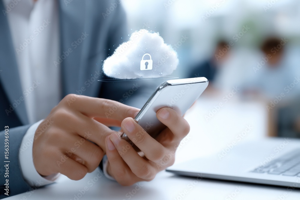 Poster Modern person holding smartphone with digital cloud lock icon representing cloud security and data protection in remote work environment