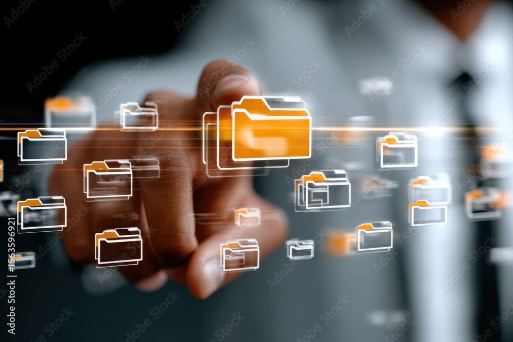 Poster Modern Digital Data Storage and File Management Concept with Floating Folder Icons and User Interface Elements in a Tech Environment