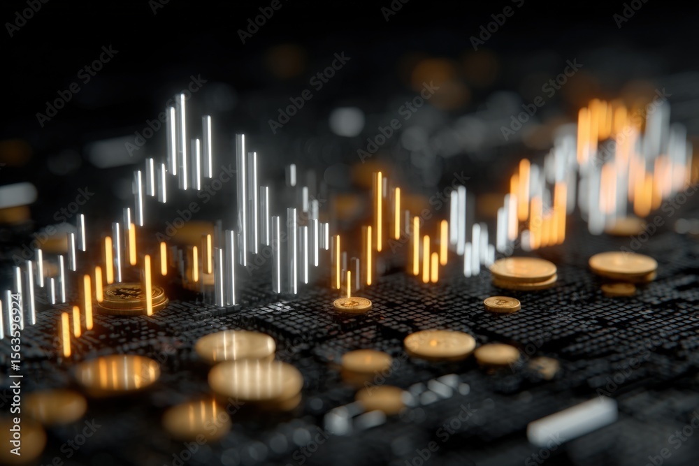 Poster Close-up of a digital financial stock market trading chart with glowing lines and coins representing economic growth and investment concepts