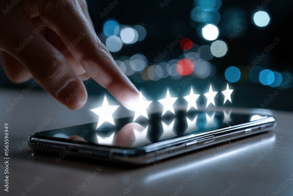 Aufkleber Modern smartphone with digital star rating interface visualizing customer feedback and user reviews technology concept