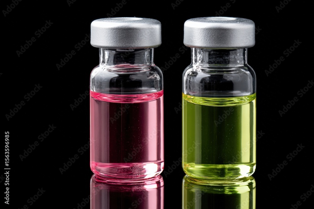 Poster close-up of two glass vials containing colorful liquids one pink and one green set against black bac