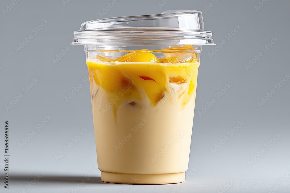 Poster clear plastic cup with a dome lid filled with creamy mango-flavored yogurt or smoothie topped with f