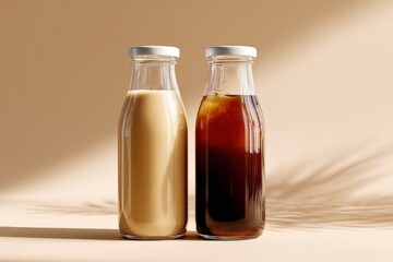 Two glass bottles filled with creamy light brown and dark brown beverages placed on a warm beige background with soft shadows and gentle lighting
