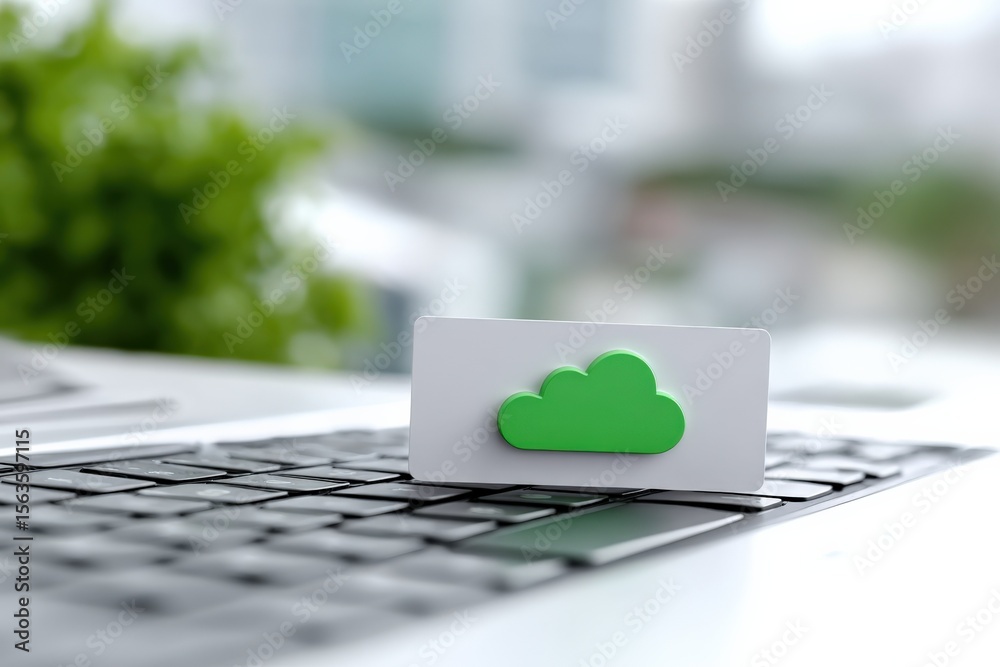Poster Cloud Computing Concept with Green Cloud Icon on a Laptop Keyboard for Data Storage and Internet Technology Solutions