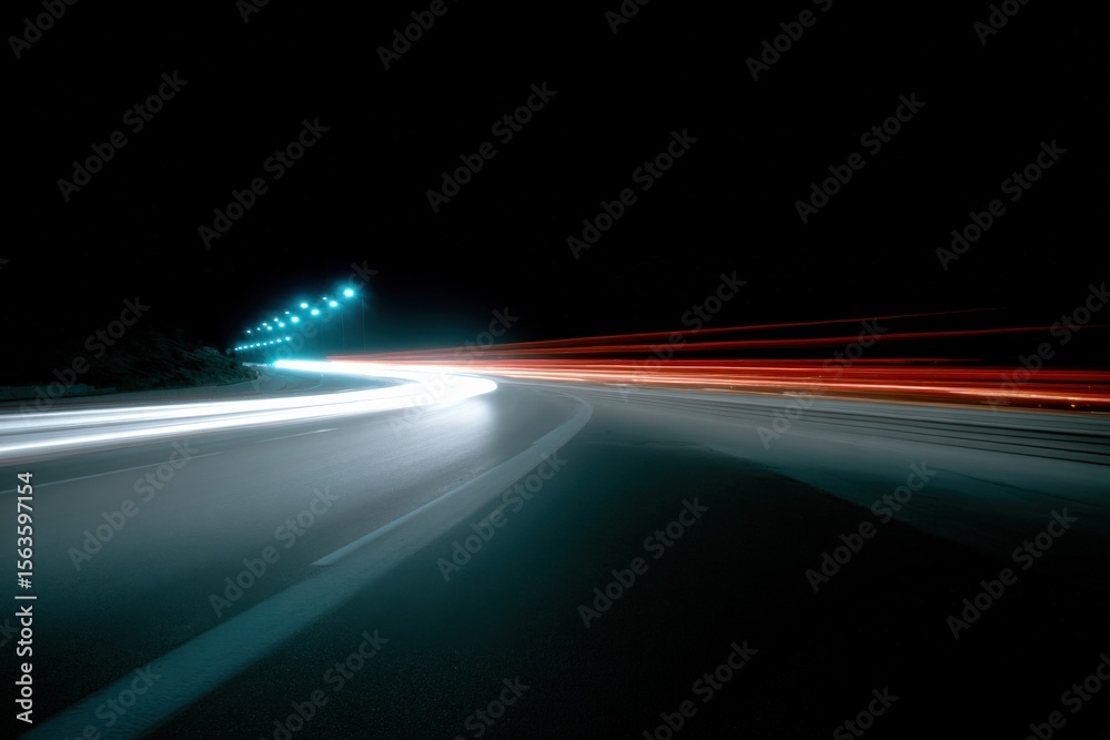 Poster long exposure night highway with moving vehicle light trails illuminated by streetlights creating dy