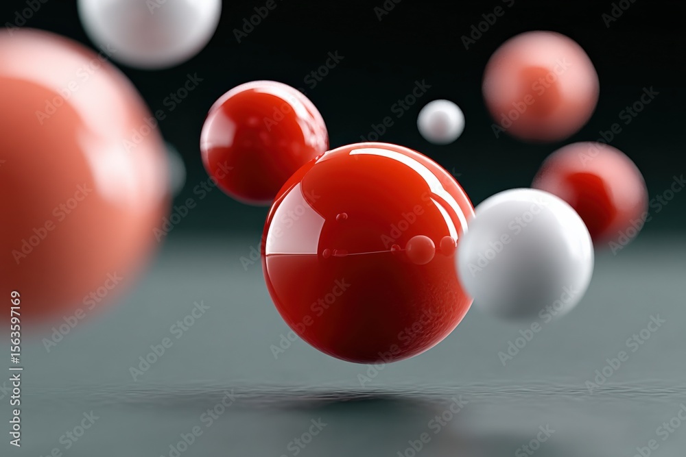 Poster Highly detailed 3D rende of red and white spherical molecules or particles floating in space with reflections and shadows for scientific illustration