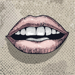 Fototapeta premium Retro halftone lips, eyes, nose and mouth in scream with monochrome photocopy effect. Brutalist female smile newspaper or magazine cut out.collage, comic, contemporary, cyber, doodle, eye, grain, 