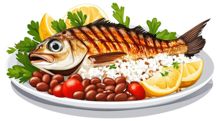 Delicious grilled fish served with fresh vegetables and lemon slices on a colorful plate in a sunny outdoor setting on transparent background