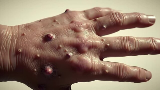 Hand Covered in Multiple Warts Skin Lesions Nodules and Bumps in Extreme Close Up Macro Shot Medical Dermatology Video