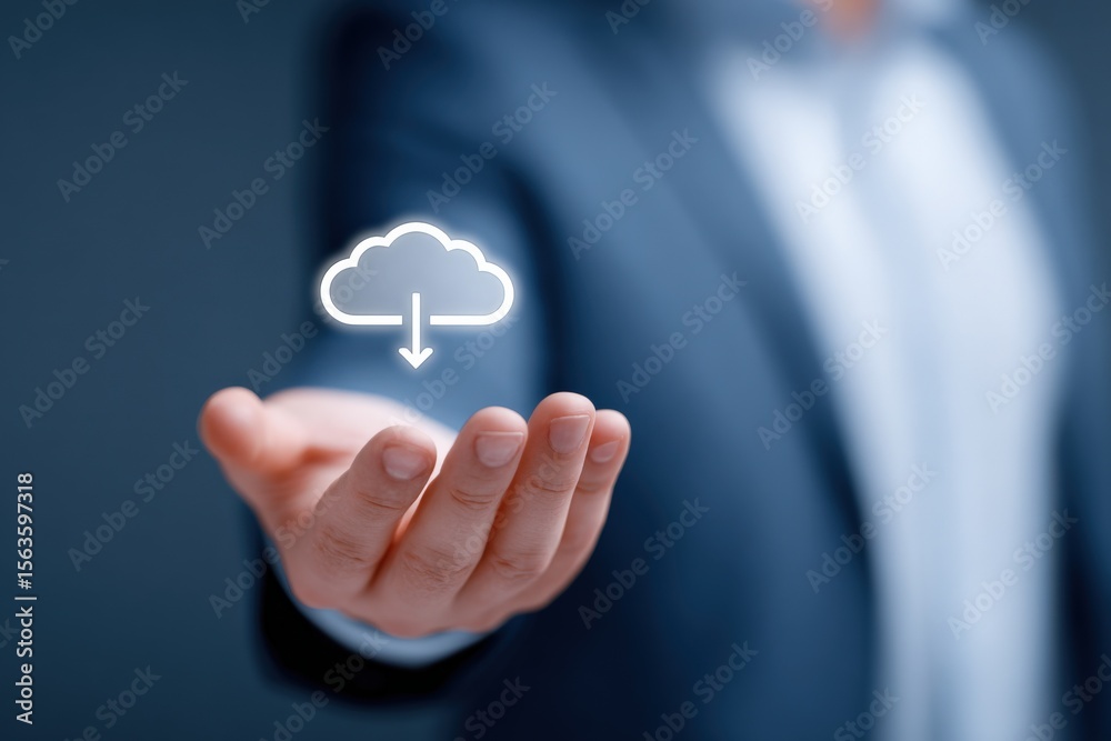 Leinwandbilder businessman in a suit holding a digital cloud icon representing cloud computing technology and data 