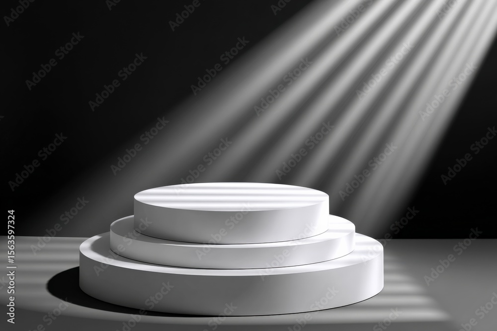Poster Elegant White Circular Pedestal Display Platform with Spotlight Illumination on Black Background for Product Presentation