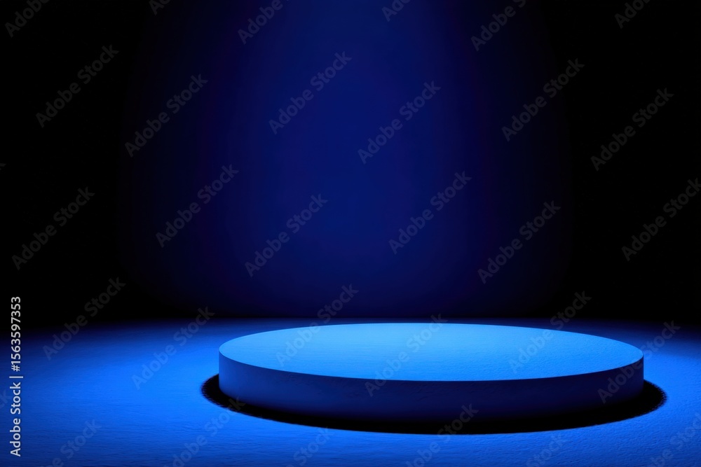 Poster Vibrant Blue Light Illuminates Circular Platform in Dark Studio Creating Futuristic and Modern Atmosphere for Photography or Performance Scene