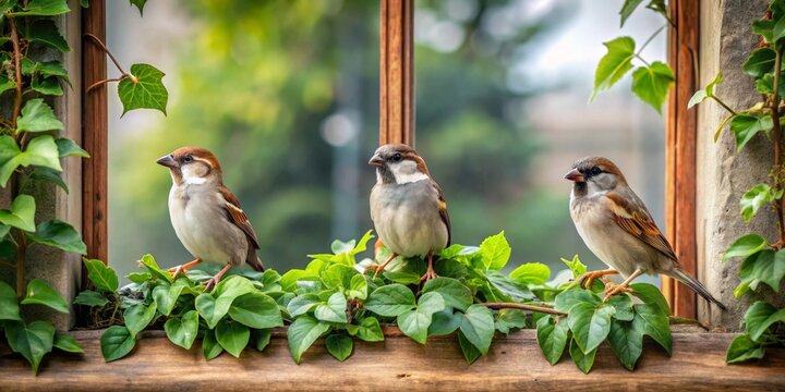 Three sparrows perched on a windowsill, nestled amongst vibrant green foliage, enjoying the tranquil outdoor view.