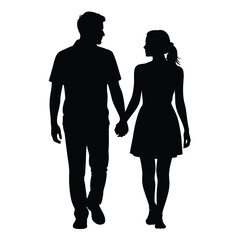 Black silhouette of a couple holding hands walking together on a white background