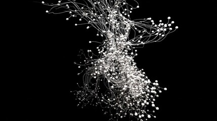 Abstract design of white spheres connected by lines against a black background.