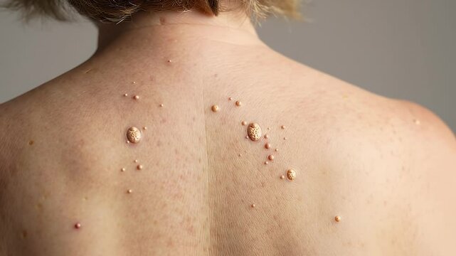 Human Back Displaying Multiple Skin Tags Against Neutral Background