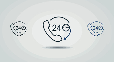24 hour customer support concept with phone and clock vector illustration in minimalist design
