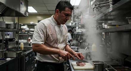 Focused chef meticulously prepares raw ingredients in a bustling commercial kitchen, steam rising from nearby cooking.