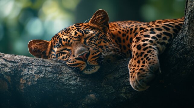 Leopard resting on a tree branch in its natural habitat, useful for articles about wildlife and natural landscapes. - Powered by Adobe