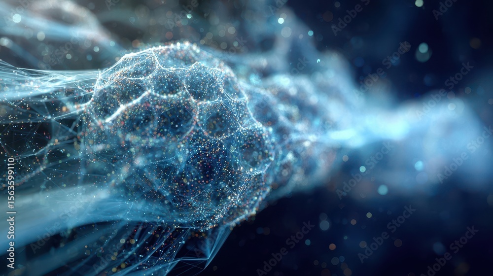 Poster detailed abstract image of a complex structure composed of particles.