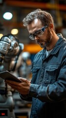 Obraz premium A worker wearing safety glasses and overalls uses a tablet in an industrial setting. Industrial and production photostocks, work processes.