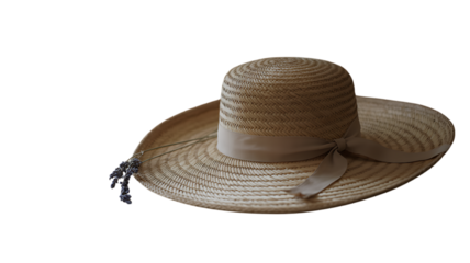 Photo of a beige straw hat with a lavender sprig and ribbon bow, isolated on transparent background