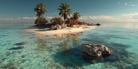Fototapeta premium Tropical island paradise with clear waters and palm trees under a blue sky