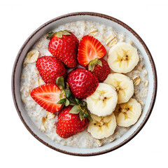 Creamy 3d icon oatmeal banana fresh crowning strawberries, slices highlighting wholesome morning nutrition and flavor