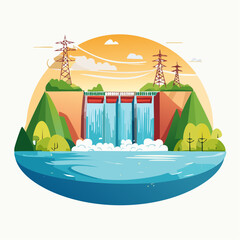Fototapeta premium Stylized vector illustration of hydroelectric power generation, dam, reservoir, and turbines