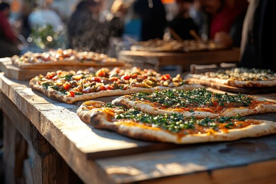 Freshly Baked Artisan Pizzas on Display at Outdoor Market Event